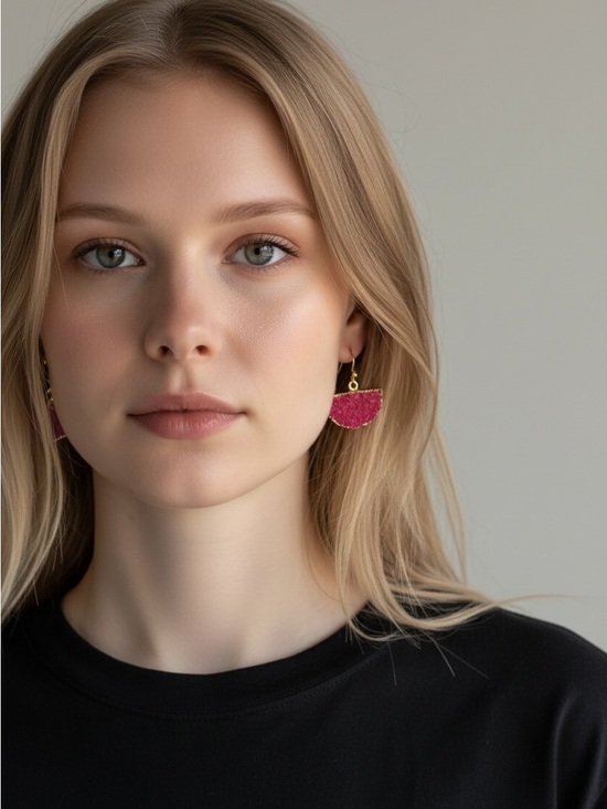 Jewelry - 7/16 Pink Beaded Half-Moon Earrings with Gold Hooks